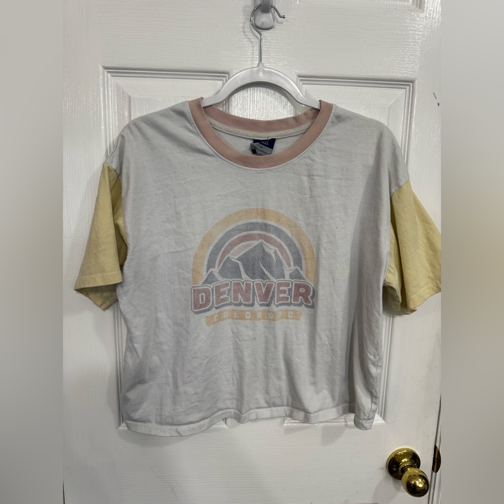 MV Sport White Tee with Pink Trim & Pale Yellow Sleeves